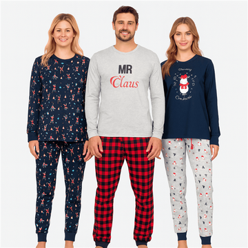 Damen und Herren Pyjama aus Baumwolle | 2-teiliger Schlafanzug lang – Set besteht aus Oberteil und Hose | Weihnachts-Edition