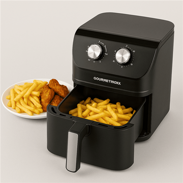 GOURMETmaxx Heißluftfritteuse mit ca. 4 Liter Fassungsvolumen und 1400 Watt Leistung | Airfryer mit Timerfunktion & Edelstahl Heizelement | praktisches Vorheizen & Warmhalten | geruchsarm, energiesparend & nahezu ohne Öl