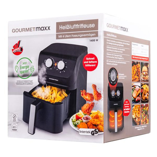 GOURMETmaxx Heißluftfritteuse mit ca. 4 Liter Fassungsvolumen und 1400 Watt Leistung | Airfryer mit Timerfunktion & Edelstahl Heizelement | praktisches Vorheizen & Warmhalten | geruchsarm, energiesparend & nahezu ohne Öl