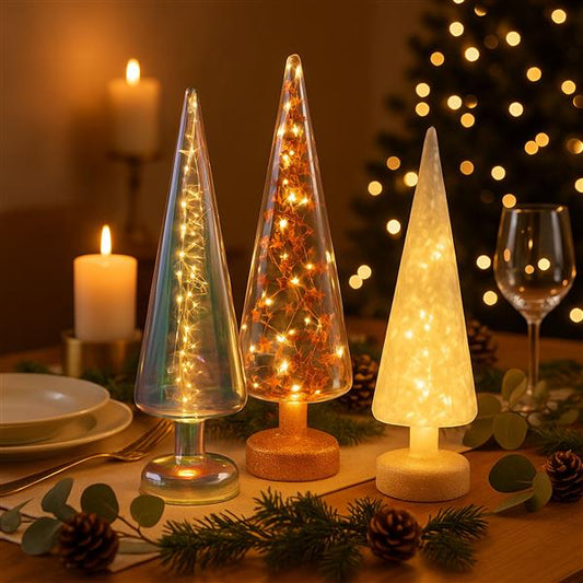 LED Dekobaum aus Glas | beleuchtet mit 12 LED | batteriebetrieben | Timer | moderner Tisch Weihnachtsbaum | 37 cm hoch