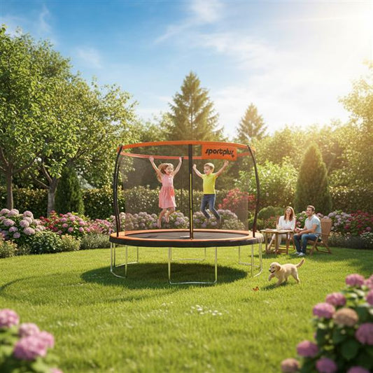 SportPlus Trampolin Ø 366 cm | Outdoor Kindertrampolin mit Randabdeckung | Außenstangen & Innennetz | stabile Rahmenkonstruktion | Gartentrampolin, auch für Erwachsene bis 150kg (orange)