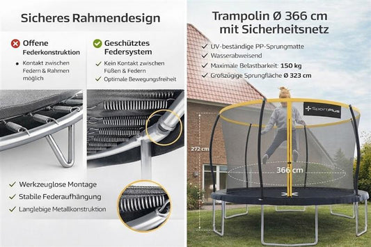 SportPlus Trampolin Ø 366 cm | Outdoor Kindertrampolin mit Randabdeckung | Außenstangen & Innennetz | stabile Rahmenkonstruktion | Gartentrampolin, auch für Erwachsene bis 150kg (schwarz-gelb)