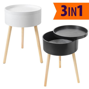 Beistelltisch rund mit Stauraum und Tablett aus Holz | ca. Ø 38 x 59 cm | Skandinavisches Design | 3-Bein Tisch