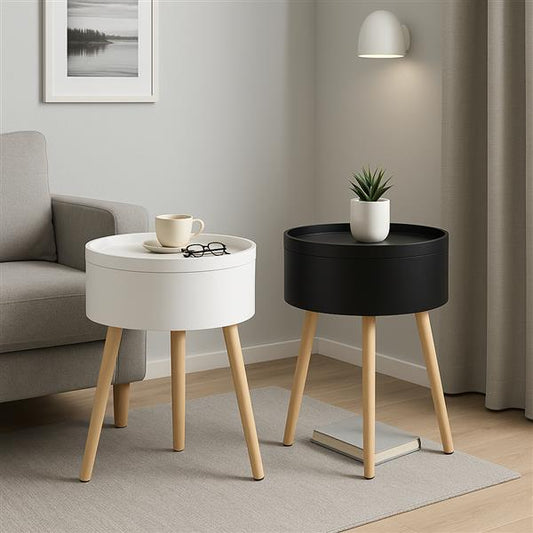 Beistelltisch rund mit Stauraum und Tablett aus Holz | ca. Ø 38 x 59 cm | Skandinavisches Design | 3-Bein Tisch