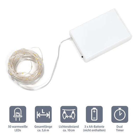 4x LED Lichterdraht - Mirco Lichterkette mit je 50 warm-weißen Lichtern | je ca. 500 cm | Dual-Timer | batteriebetrieben
