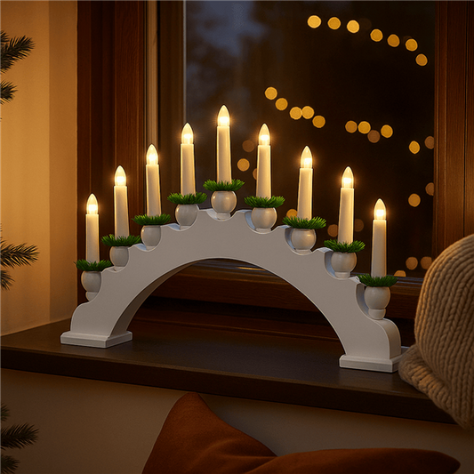 Lichterbogen aus Holz mit 10 LED Kerzen in E10 Riffelkerzen-Optik | warm-weiß beleuchtet | ca. 47 x 30 cm | strombetrieben mit Ein- und Ausschalter (B-Ware // weiß)