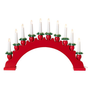 Lichterbogen aus Holz mit 10 LED Kerzen in E10 Riffelkerzen-Optik | warm-weiß beleuchtet | ca. 47 x 30 cm | strombetrieben mit Ein- und Ausschalter (B-Ware // rot)