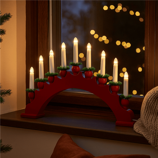 Lichterbogen aus Holz mit 10 LED Kerzen in E10 Riffelkerzen-Optik | warm-weiß beleuchtet | ca. 47 x 30 cm | strombetrieben mit Ein- und Ausschalter (B-Ware // rot)