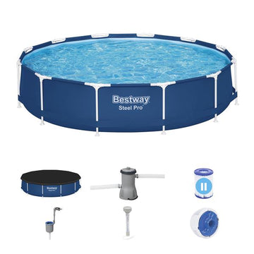 Bestway Steel Pro Pool #14483 | Ø 366 x 84 cm | 7.480 Liter | Komplett-Set mit Filterpumpe, Filterkartusche, Abdeckplane, Poolthermometer & Einhängeskimmer