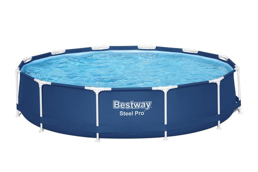 Bestway Steel Pro Pool #14483 | Ø 366 x 84 cm | 7.480 Liter | Komplett-Set mit Filterpumpe, Filterkartusche, Abdeckplane, Poolthermometer & Einhängeskimmer