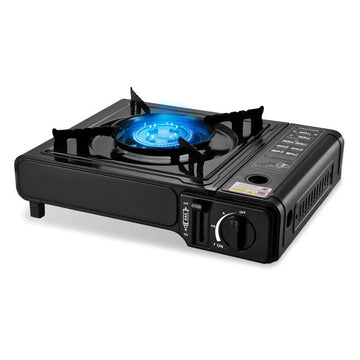 Campingkocher mit Koffer | Gaskocher mit 2800 Watt Leistung und Pieto-Zündung | ohne Butangas-Kartusche | schwarz | perfekt für Outdoor-Kochen, Campingplatz, Picknick, Festival-Camping