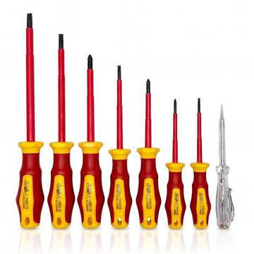 Workzone VDE Schraubendreher-Set | 8-teilig – 4 Schlitzschraubendreher, 3 Kreuzschlitzschraubendreher, 1 Phasenprüfer 125-250V