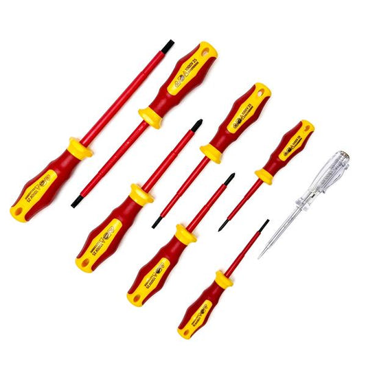 Workzone VDE Schraubendreher-Set | 8-teilig – 4 Schlitzschraubendreher, 3 Kreuzschlitzschraubendreher, 1 Phasenprüfer 125-250V