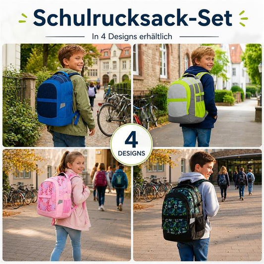 Kinder Schulrucksack Set mit Federmäppchen & Sportbeutel, Rucksack für Schule, Einschulung und Freizeit, mit Regenhülle, isoliertem Vorderfach, 2 Flaschenfächern, Organizer, ca. 45 x 30 x 22 cm