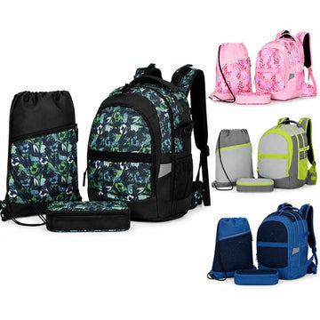 Kinder Schulrucksack Set mit Federmäppchen & Sportbeutel, Rucksack für Schule, Einschulung und Freizeit, mit Regenhülle, isoliertem Vorderfach, 2 Flaschenfächern, Organizer, ca. 45 x 30 x 22 cm