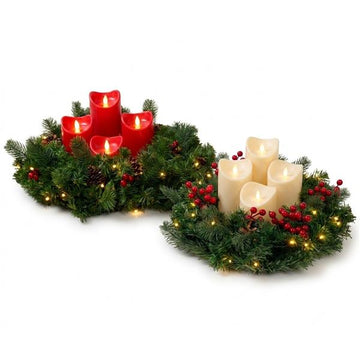 Künstlicher Adventskranz ca. Ø 40 cm mit 30er Lichterkette und 4 LED Kerzen | batteriebetrieben | Sicher in der Anwendung | Tannenkranz mit Zapfen und Beeren