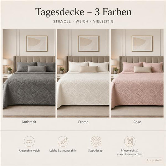 Tagesdecke 230 × 250 cm – gesteppter Bettüberwurf in 3 Farben