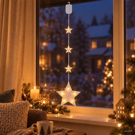 LED Fensterdeko hängend mit Akku, Timer & 8 Leuchtmodi – Stern oder Schneeflocke