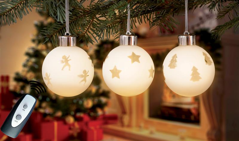 3 Weihnachtskugeln | LED beleuchtet | Fernbedienung | Echtglas | inkl. Batterien
