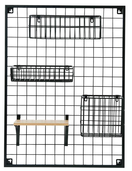 Wandgitter aus Metall mit Regalboden und Aufbewahrungskörben | schwarz-matt | ca. 79 x 59 x 14cm | modernes Wandregal mit Zubehör