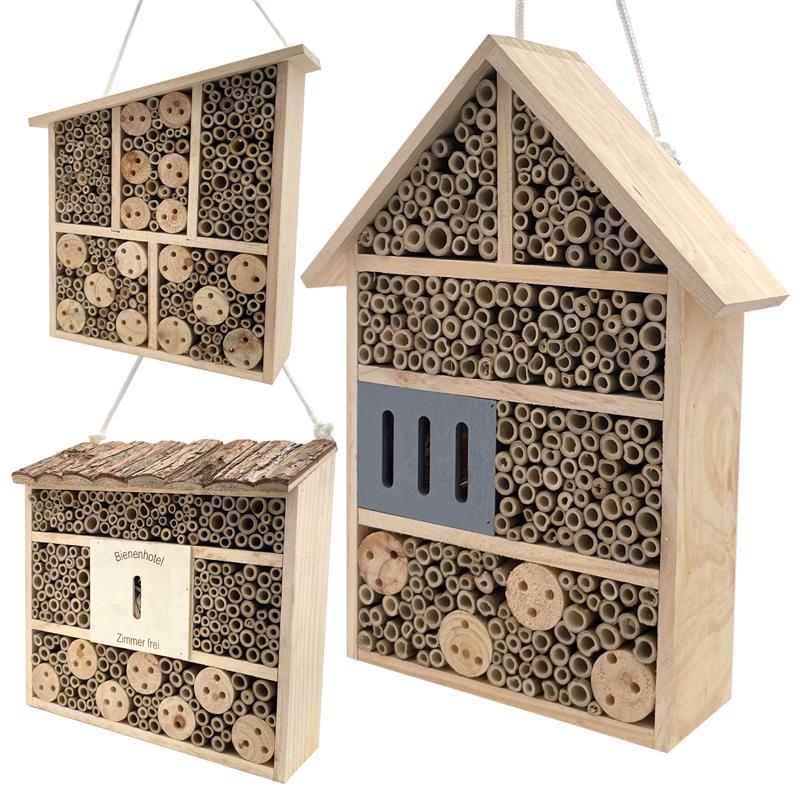 Bienenhotel | Insektenhotel aus unbehandeltem Holz und Bambus zum Aufhängen mit Holz-Dach, ideal als Nisthilfe für Wildbienen, Marienkäfer, Florfliegen und andere nützlichen Insekten
