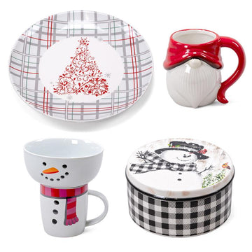 Weihnachtliches Geschirr aus Porzellan, verschiedene Ausführung wie Teller, Kecksdose, Becher und Schüssel