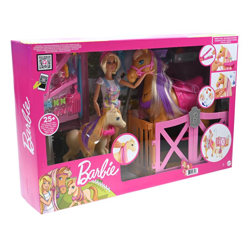 Barbie GXV77 - Frisier- und Reitspaß, Spielset mit Pferd, Pony, Puppe und über 20 Zubehörteilen, 3 Jahren