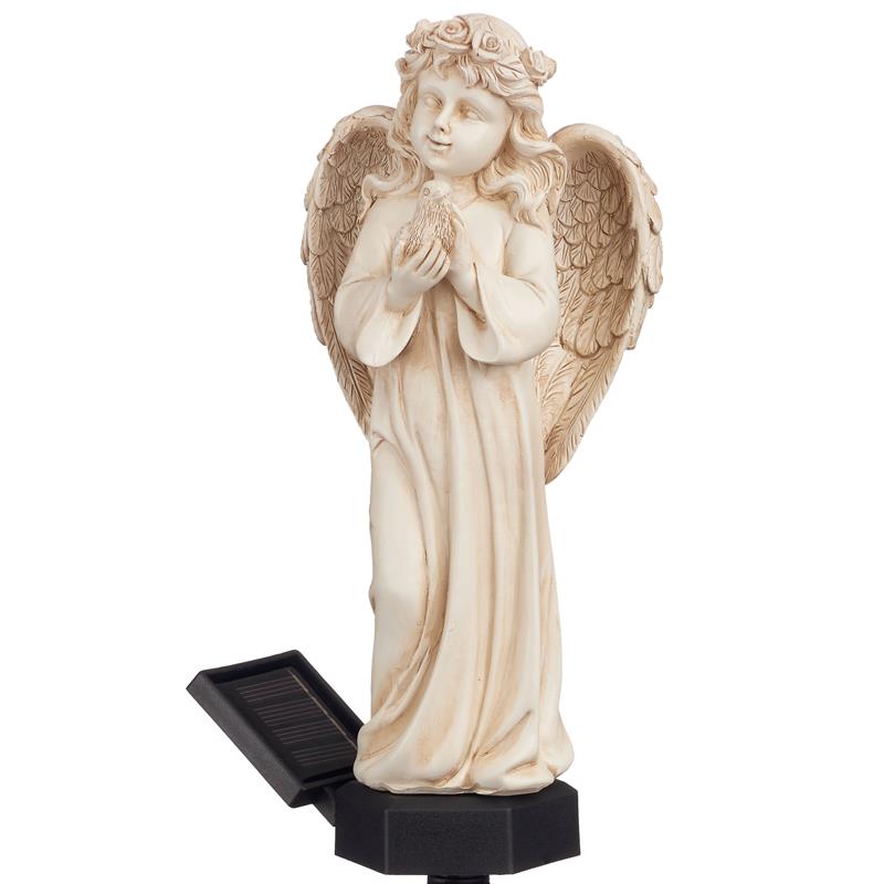 Engel Figur mit Solar LED Licht, aus Kunststein gefertigt, inkl. Erdspieß, ca. 49 cm hoch, wetterfest, ideal zur Deko im Garten als Gartenstecker oder als Grabschmuck (stehend)