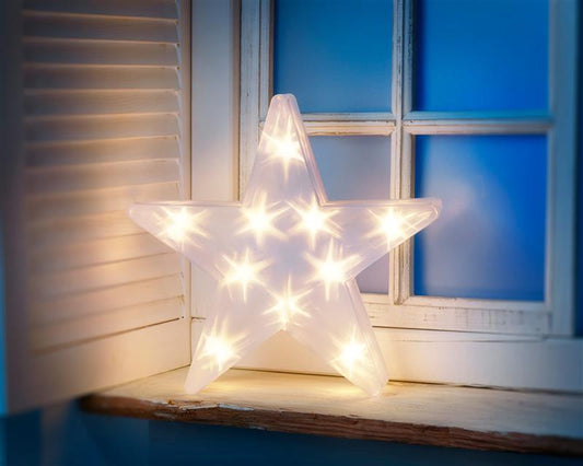 Weihnachtsstern mit 3D Hologramm-Effekt, mit 10 LED Sternen beleuchtet, batteriebetrieben, kabellos, aus PVC-Kunststoff, Timer, moderne Weihnachtssdeko, ca. 34 x 33 x 8 cm