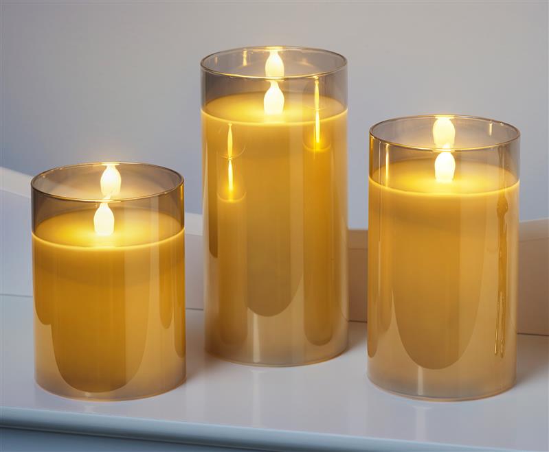 3er Set LED Kerzen im Glas | Rauchglasoptik | Echtwachs | realistisches Flackern | modernes Smokey Design | ca. 10, 12 & 15 cm hoch